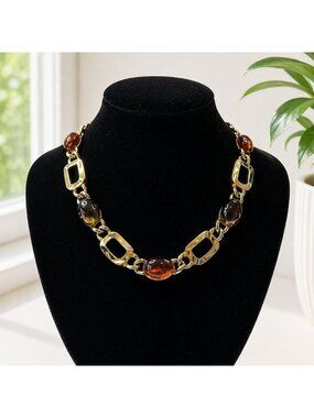 Gold-Tone Chain Link Necklace JNV With Amber-Colored Resin Cabochons 18 Inches